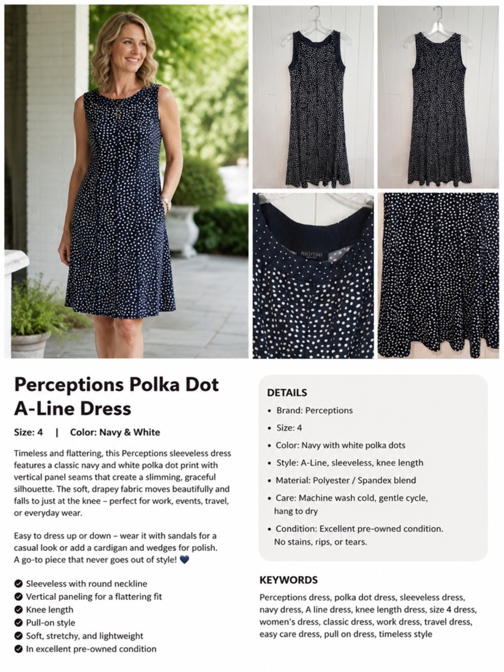 Perceptions Navy and White Polka Dot Sleeveless A-Line Midi Dress